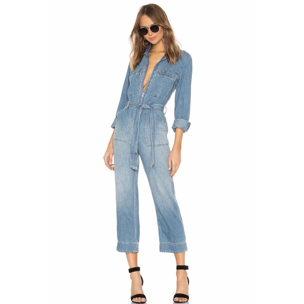 Free People Charlie zip front belted cropped denim jumpsuit coveralls 10 Linen